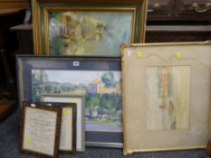 ASSORTED WATERCOLOURS, prints and vintage agricultural adverts, maritime oil on canvas