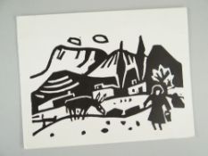 SIR KYFFIN WILLIAMS RA Christmas card linocut print - landscape with mule and figure, inside '