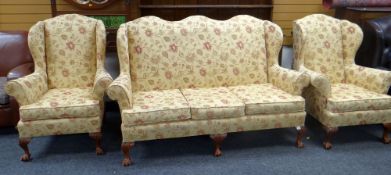 REPRODUCTION FLORAL UPHOLSTERED THREE PIECE SUITE comprising serpentine three seater settee and pair