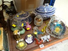 MURANO STYLE GLASS ORNAMENTS, blue and white covered tureens ETC