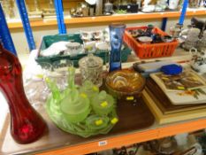 GREEN GLASS DRESSING TABLE SET, champagne flutes, boxed Aynsley brooch and earrings ETC