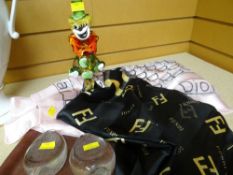 MURANO GLASS CLOWN, two Wedgewood glass paperweights, two designer scarves