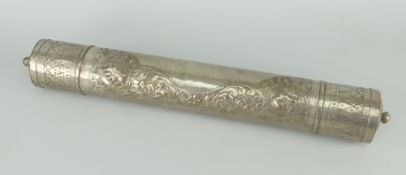 INDIAN SILVER DOCUMENT OR SCROLL-HOLDER chased and raised decoration with elephants and blank