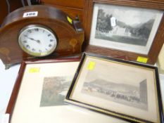 PRESENTATION MAHOGANY & INLAID MANTLE CLOCK, together with three framed coloured etchings and