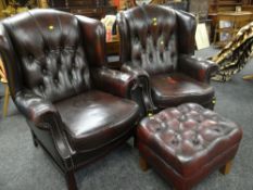 PAIR OF STUDDED RED LEATHER CLUB STYLE ARM CHAIRS & MATCHING FOOT STOOL