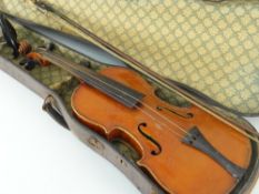 VINTAGE CASED VIOLIN BEARING LABEL FOR RICHARD PEAT, the label with Newton Green, Derbyshire