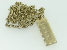 9CT YELLOW GOLD INGOT PENDANT ON 9CT YELLOW GOLD OVAL LINK CHAIN, 60.7gms overall , the chain