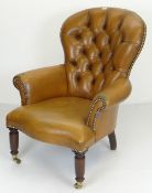 BUTTONED & STUDDED TAN LEATHER SPOON BACK ARMCHAIR