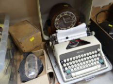 VINTAGE DOME TOPPED MANTLE CLOCK, cased Olympia typewriter and three gas masks