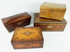 FOUR LATE 19TH CENTURY BOXES to include two tea caddies with fitted interiors, together with writing