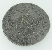 CHARLES I HALF-CROWN with king on horseback, sword raised and protruding to legend border,