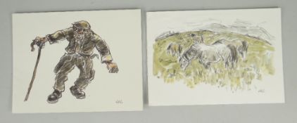 TWO SIR KYFFIN WILLIAMS RA Christmas card prints - farmer with stick and mountain ponies, both