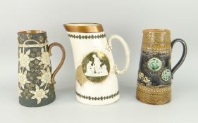 DOULTON VICTORIAN TUSK DESIGN VASE with gilded rim and having applied panel decoration, together