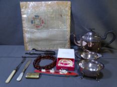 MIXED COLLECTABLES - electroplate tea service, amber type jewellery, sweetheart WWI handkerchief