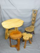 CARVED SPINNER'S CHAIR, two tier lightwood table and one other with a clover leaf walnut stool,