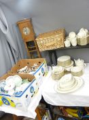 LARGE QUANTITY OF CROCKERY, TEA & DINNERWARE, a wicker picnic basket and contents and a scratch