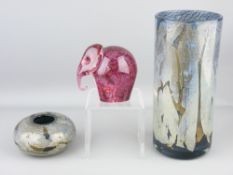 TWO ISLE OF WHITE AZURENE VASES by Michael Harris and a wedgwood pink elephant paper weight, 22, 5.5