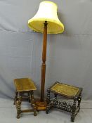 GOOD CARVED OAK STOOL with cherub and crown pierced cross rails on barley twist and block