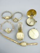 TWO 9CT GOLD CASED LADIES' WRIST WATCHES and three others, a vintage base metal pocket watch, marked