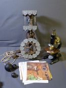 KIT BUILT GERMAN FLYING PENDULUM, KNIGHT WALL CLOCK and a vintage brass and Japan black microscope