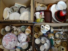 MIXED QUANTITY OF HOUSEHOLD CROCKERY, china and metalware ETC within four boxes including Hornsea