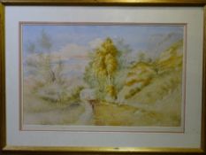 WATERCOLOUR - stone walled country lane leading to country cottage with four people visible,