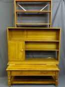 NEAT OAK BOOKCASE & ONE OTHER and a modern pine two tier coffee table, various measurements