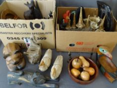 TWO BOXES OF MIXED COLLECTABLES including Horn and treen and an onyx mantel clock ETC