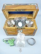 WALNUT & ABALONE INLAID SCENT BOTTLE BOX containing three square bottles with stoppers, a Greek