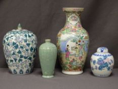 CELADON TYPE ORIENTAL VASE, a Famille Verte oriental vase 36cms high, and similar items