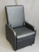 BLACK LEATHER EFFECT MODERN RECLINING ARMCHAIR, 101cms height, 62cms width, 47cms seat depth