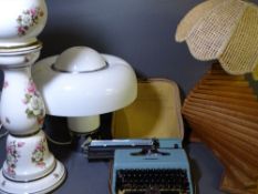 STYLISH MUSHROOM TOP TABLE LAMP, a wooden example and a floral decorated pottery jardiniere with