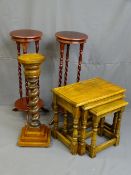 FOUR ITEMS OF REPRODUCTION OCCASIONAL FURNITURE including a set of three oak tables, two two-tier