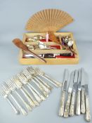 TRAY OF VINTAGE, MAINLY EPNS CUTLERY and a boxed pierced fan ETC