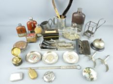 MIXED COLLECTABLES including electroplate, hip flasks, desk bell ETC