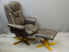 MODERN BROWN SOFT LEATHER EFFECT RECLINING SWIVEL ARMCHAIR with matching foot stool, 100cms