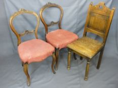 OAK HALL CHAIR and a pair of walnut salon chairs with carved top rail, various measurements