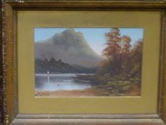 W COLLINS oil on board - lake scene before a castle ruin and a mountainous backdrop, signed, 19.5