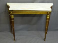 REPRODUCTION EMPIRE STYLE MARBLE TOP HALL TABLE with shaped sides and brass embellishments on