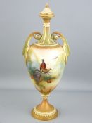 ROYAL WORCESTER - fine glazed twin-handled narrow necked pedestal vase with painted scenes of