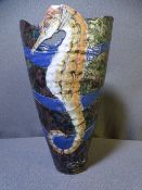 ROGER COCKRAM PIERCED STONEWARE SEAHORSE VASE, 24cms height with seal stamps in relief and incised