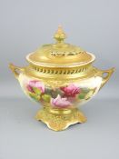 ROYAL WORCESTER - glazed twin-gilt handled circular pedestal bowl with pierced neck and knopped