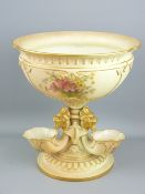 ROYAL WORCESTER - fine circular floral blush vase on an elaborate triple mask and horn pedestal with
