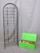 MULTI BOTTLE FLOOR STANDING METAL WINE RACK and a vintage wooden toolbox and contents