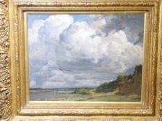 ARTHUR FRIEDENSEN oil on panel - fine moody landscape with superbly depicted threatening clouds,