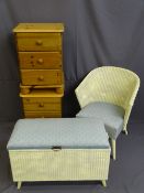 TWO ITEMS OF LLOYD LOOM STYLE FURNITURE and a pair of modern pine three drawer bedside chests,