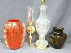 MURANO RED & GOLD FLECK ART FORM VASE & ONE OTHER, a glass table lamp and shade and a brass wall-