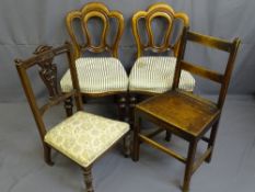 PAIR OF VICTORIAN MAHOGANY BALLOON BACK SIDE CHAIRS, a vintage oak farmhouse chair and one other