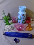 CRANBERRY GLASSWARE, a milk glass vase and a glass rolling pin ETC