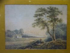 19th CENTURY BRITISH SCHOOL watercolour - two figures under a tree with cottage and distant